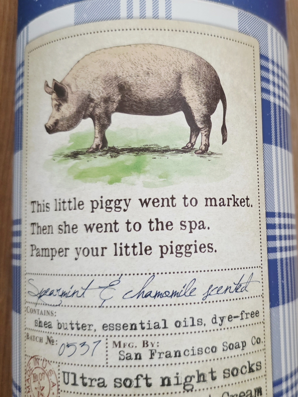 Blue Plaid 'This Little Piggy' Spearmint & Chamomile Body Care Bottle